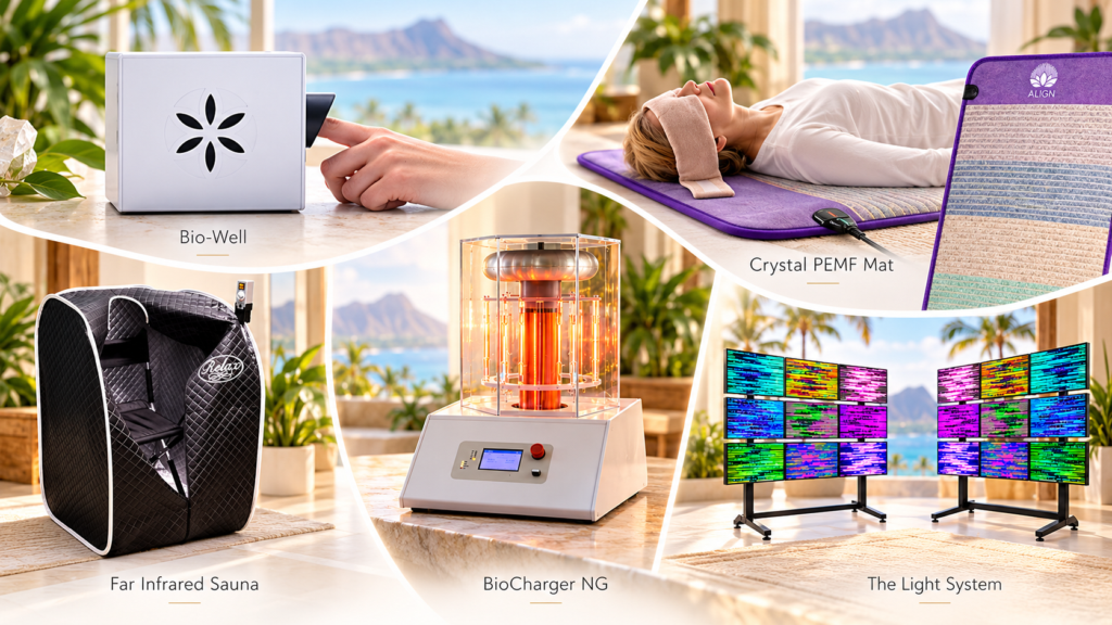 Illustrated collage of Kona Quantum Vitality wellness technologies, including Bio-Well, Crystal PEMF Mat, infrared sauna, BioCharger NG, and The Light System.
